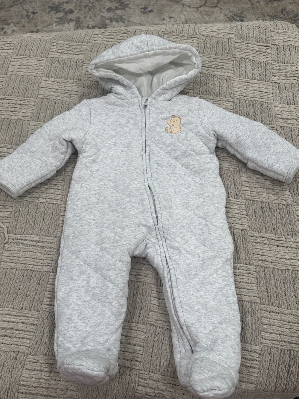 Little Me Light Gray Quilted Hooded Baby One-Piece with Bear Patch